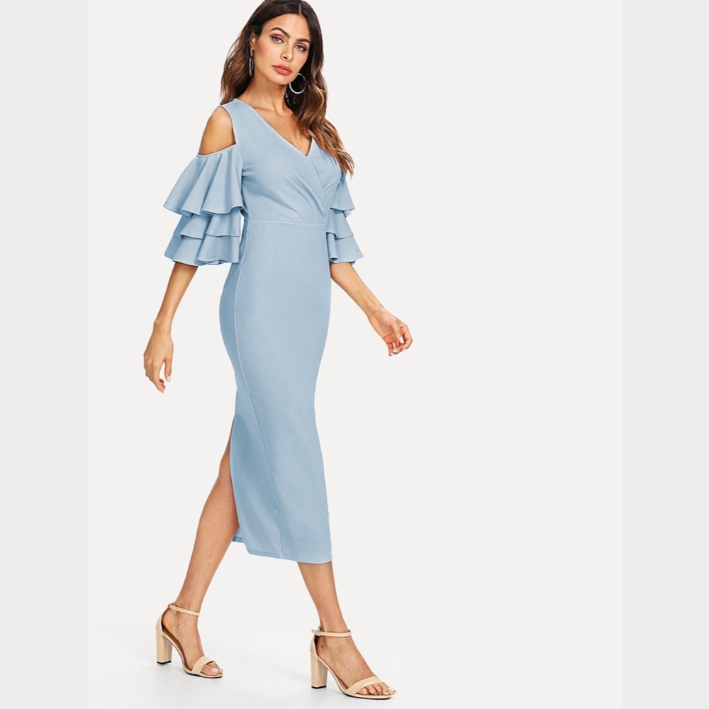 Cold Shoulder Ruffle Detail Pencil Midi Belt Dress - Picture 3 of 8